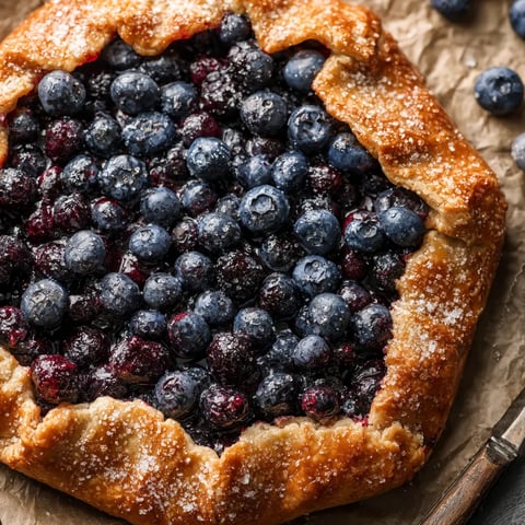 Une galette aux myrtilles, avec des myrtilles bleues et rouges, sur un fond de pâte brune.
