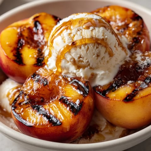 Une assiette de grilled peaches avec de la crème glacée au miel et à la vanille.