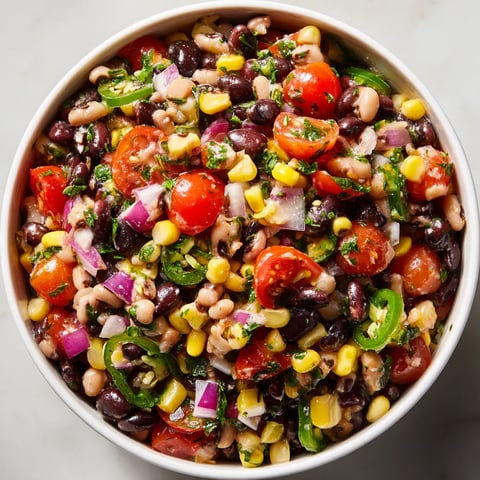 Une assiette de salade contenant des tomates, des poivrons, des haricots verts, des cornichons.