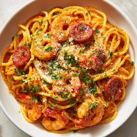 Une assiette de spaghetti avec des tomates, des oignons, des herbes et des bacon.