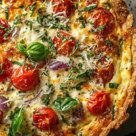 Une quiche Lorraine végétarienne avec des tomates cerises et du basilic frais.