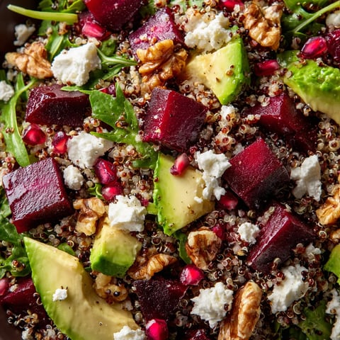 Une salade de céréales avec des betteraves rôties et du fromage de chèvre.