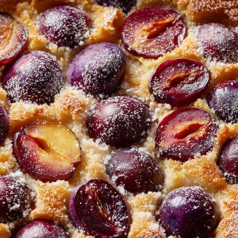 Une tarte aux prunes avec des grains de sucre sur le dessus.