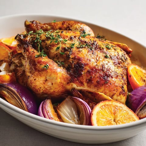 Un poulet rôti avec des épices et des oranges.