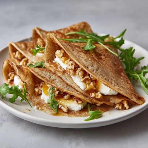 Crêpes salées garnies de chèvre, miel et noix.
