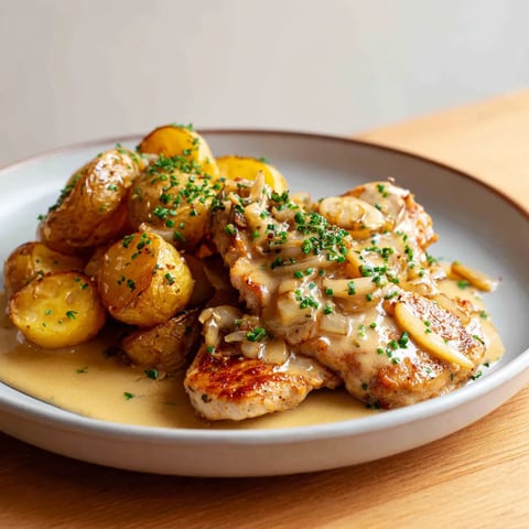Une assiette de dinde à la normande avec des pommes de terre et des herbes.
