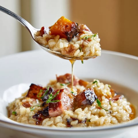 Risotto au potimarron, châtaignes et saucisse.