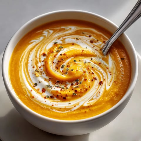 Une assiette de velouté de potimarron aux épices douces.