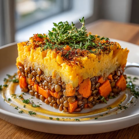 Une assiette de Hachis Parmentier de Lentilles et Patate Douce (Vegan) est servie sur une table.