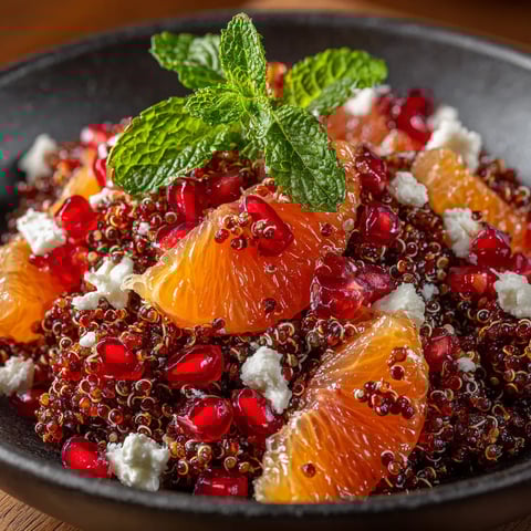 Une salade de quinoa hivernale avec des agrumes et de la feta.