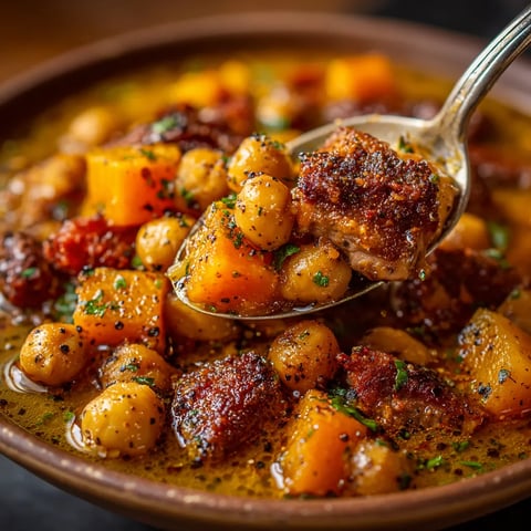 Une assiette de mijoté de courge au chorizo et pois chiches.