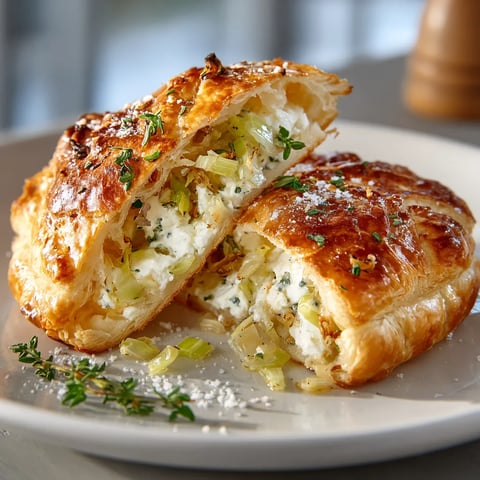 Des pitas feuilletées au poireau et chèvre sur un plateau.