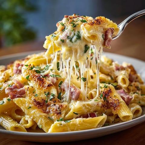 A plate of pasta with cheese and ham.