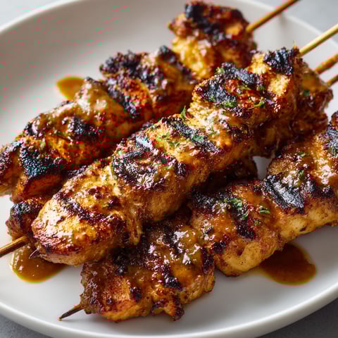 A plate of brochettes de poulet satay express.