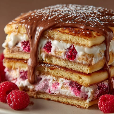 A stack of pancakes with chocolate drizzled on top and raspberries on the side.