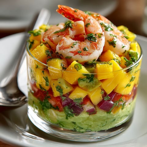 A glass bowl filled with shrimp, avocado, and mango.