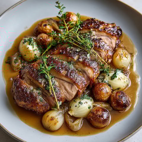 A plate of food with a roasted chicken and potatoes.