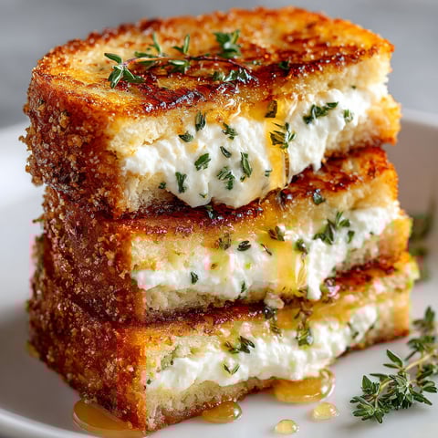 A stack of mini croque-monsieur sandwiches with cheese and honey.