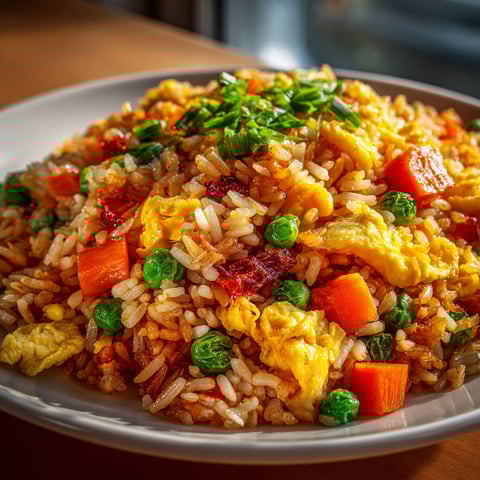 A plate of rice with vegetables and eggs.