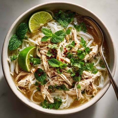 A bowl of soup with chicken, lime, and mint.