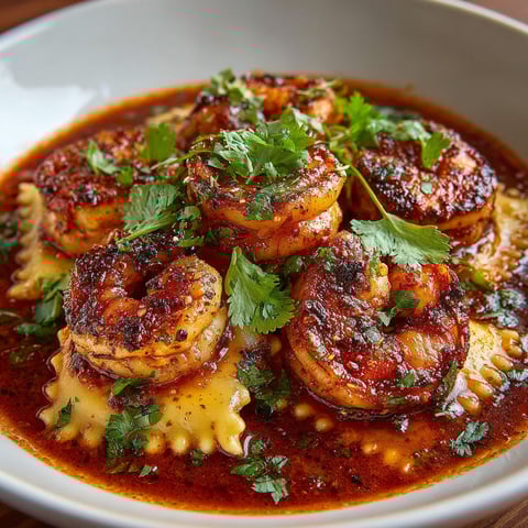 A bowl of shrimp and pasta.