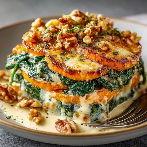 A dish of vegetables with a nut on top.