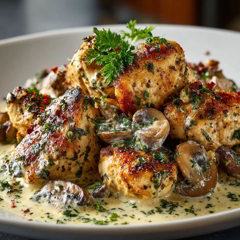A plate of chicken with mushrooms and cream sauce.
