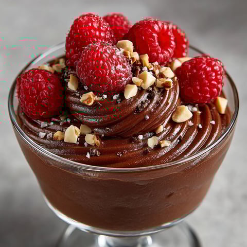 A glass of chocolate mousse with raspberries on top.