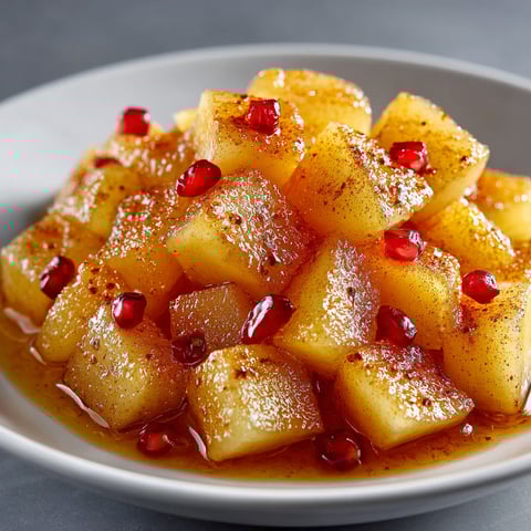 A plate of fruit with a sauce on top.