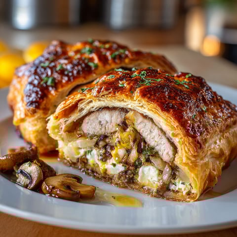 A plate of food with a filet mignon de porc en croûte simplifié.