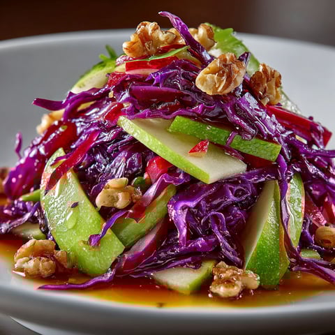 A plate of food with a salad of red cabbage and apples.