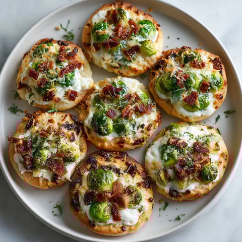 A plate of mini pizzas with bacon and brussels sprouts.