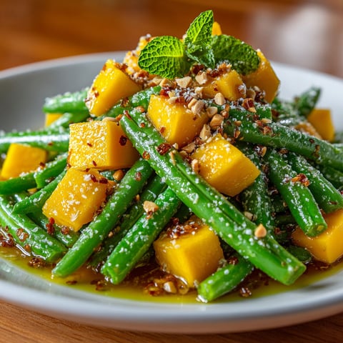 A plate of green beans, mango, and nuts.