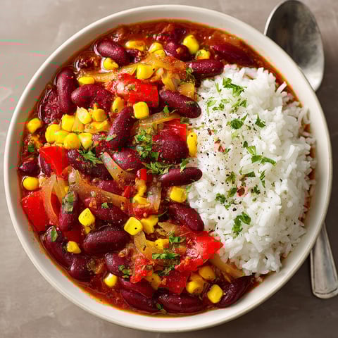A bowl of chili con carne with rice and vegetables.