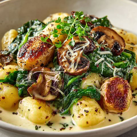 A plate of food with mushrooms and spinach.