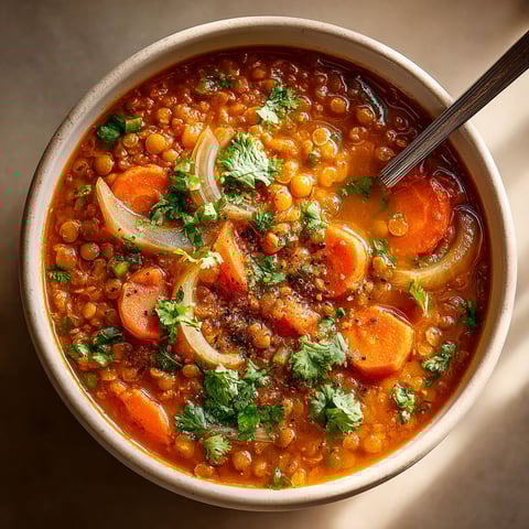 A bowl of soup with carrots and onions.