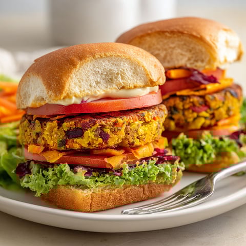Two mini burgers with tomatoes and lettuce.