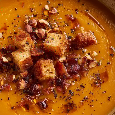 A bowl of soup with bread croutons and nuts.