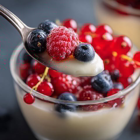 A spoon is in a bowl of panna cotta with berries.