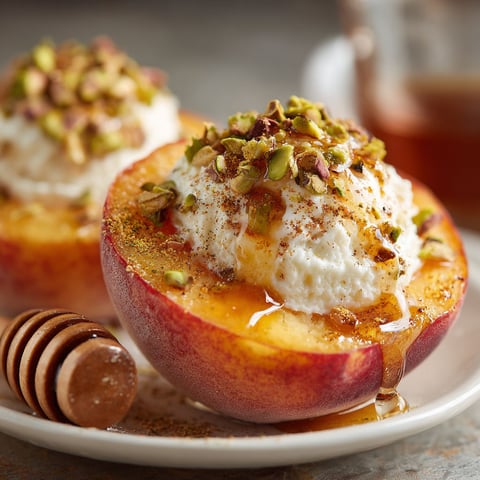 A plate of peaches with yogurt and honey on top.