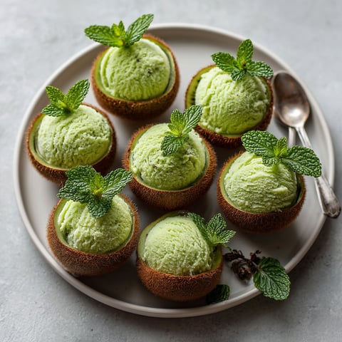 A plate of kiwi glacés with mint leaves.