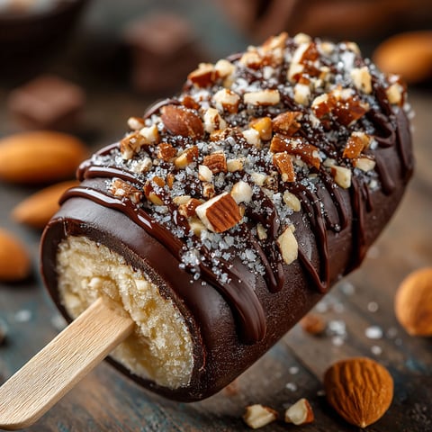 A chocolate covered banana with nuts on top.