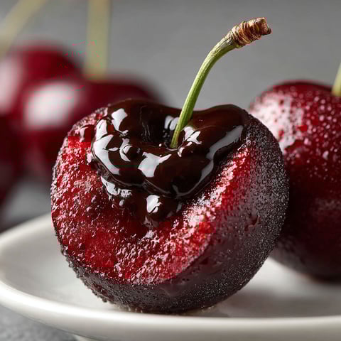 Two cherries with chocolate drizzled on top.