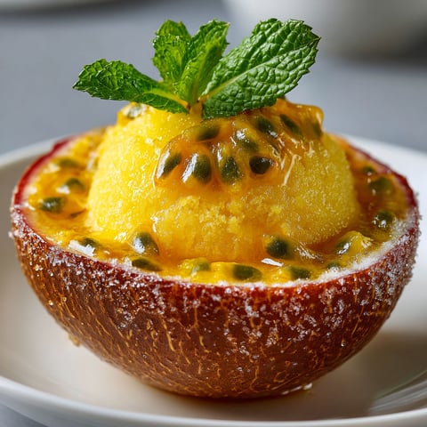 A fruit de la passion is served on a plate.