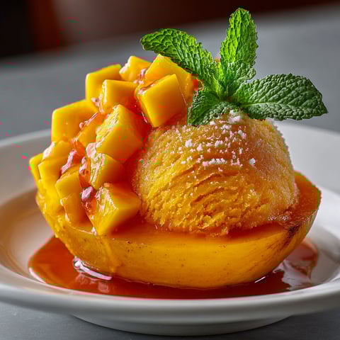 A plate of food with a mango on top.