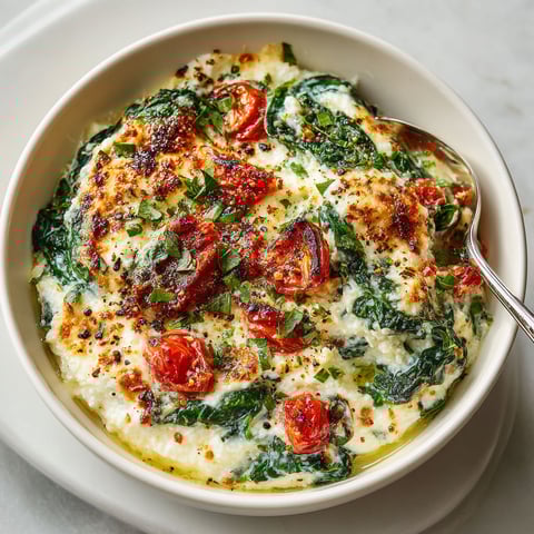 A bowl of baked ricotta with spinach and tomatoes.