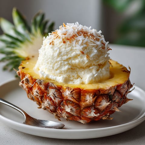 A pineapple with a scoop of ice cream on top.