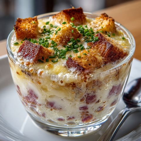 A close up of a deconstructed croque-monsieur in a gourmet verrine.