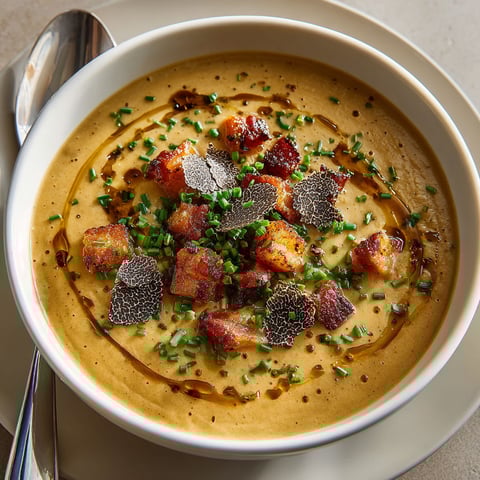 A bowl of soup with bacon and truffle.