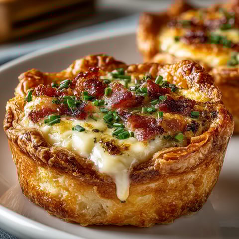 Two mini quiche Lorraine bites on a plate.